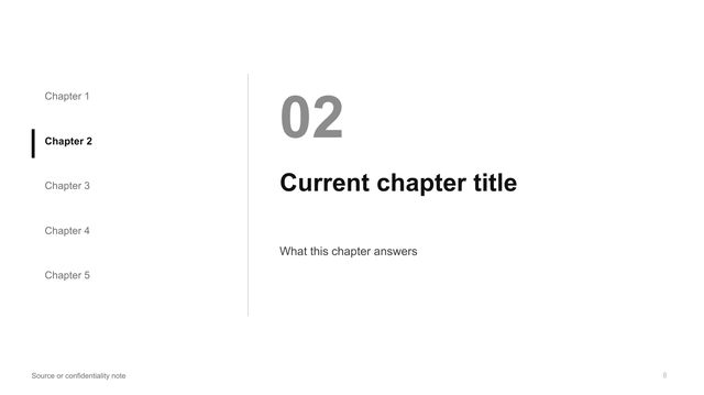 Agenda, active chapter: Chapter list on the left with the current one highlighted; chapter number and title large on the right.