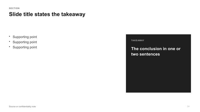 Text with takeaway box: Explanatory text on the left, a dark box on the right holding the takeaway.