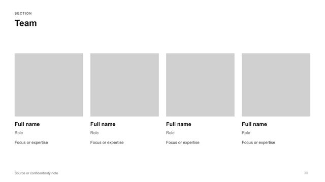 Team of four: Four portraits in a row, each with name, role and a one-line focus.