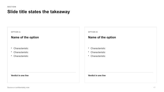 Two options: Two equal option cards with characteristics and a verdict line.