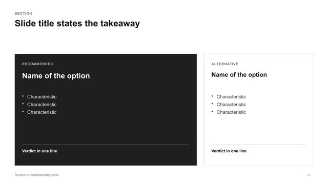 Recommended option: Recommended option in a large dark card, the alternative in a smaller light card.