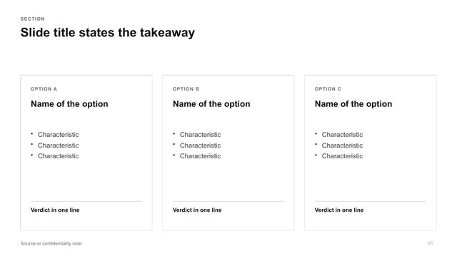 Three options: Three option cards with characteristics and a verdict line.