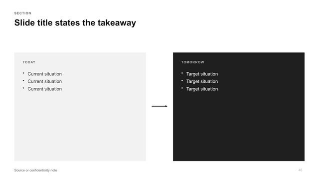 Before and after: Two columns, current state in grey and target state in black, joined by an arrow.