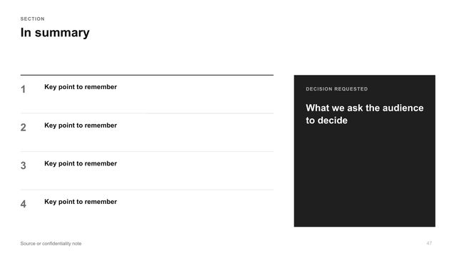 Summary and decision: Four numbered key points on the left, the decision requested in a dark box on the right.