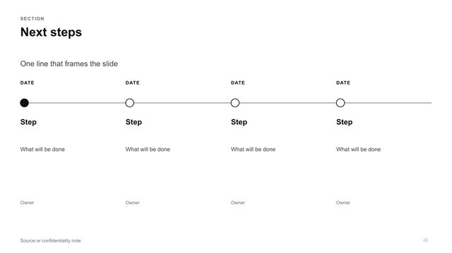Next steps: Horizontal line with four dated steps, each with its owner.