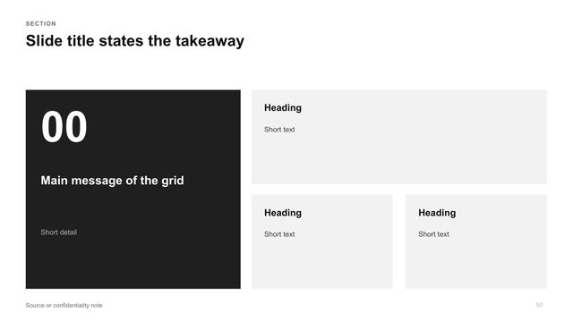 Bento grid: Grid of five modules of different sizes; the main one is dark and holds a figure.