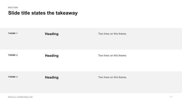 Horizontal bands: Three full-width bands alternating grey and white: label, heading and text on each.
