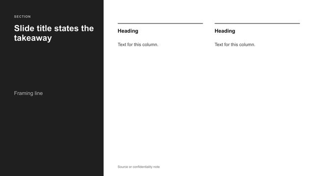 Side panel: Dark panel on the left third with title and lead; two text columns on the right.